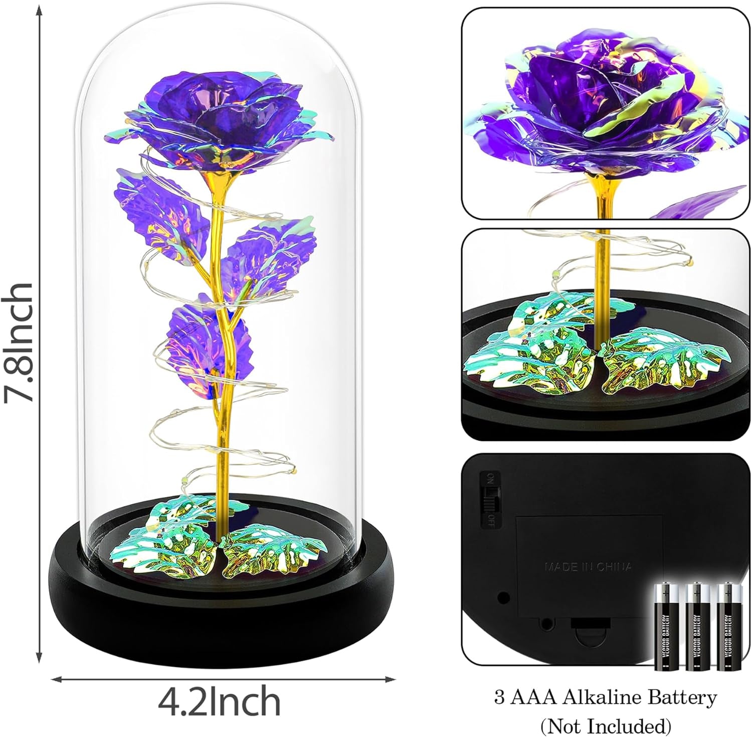 Birthday Gifts for Women,Flowers for Delivery Prime,Colorful Purple Light up Rose in a Glass Dome,Christmas Rose Gifts for Her Mom Women Wife Girl Grandma on Christmas Anniversary Valentines